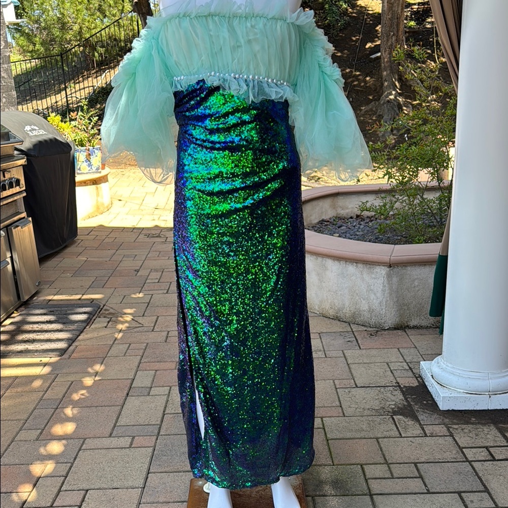 Cosplay the little mermaid Ariel Shimmering Blue & Green Sequin dress pearls XL